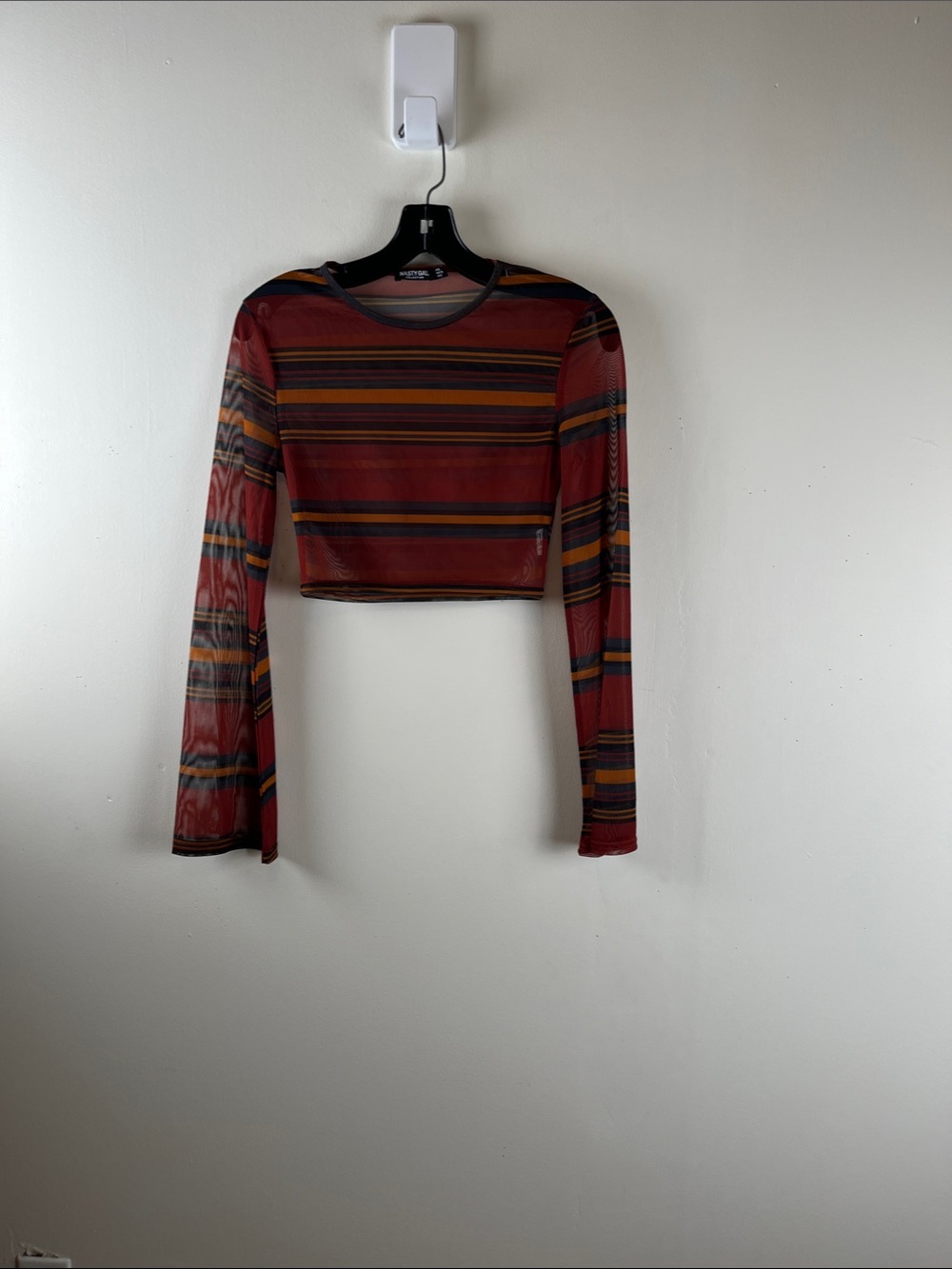 Nasty Gal Red Striped Long-Sleeve Mesh Crop Top